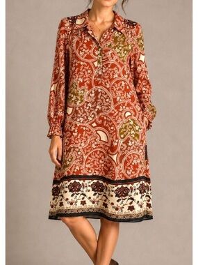 1.STATE Women Paisley Floral Print Long Sleeve Midi Dress Rust Orange XS